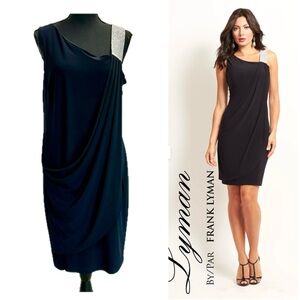Lyman by Frank Lyman navy blue black draped asymmetrical rhinestone mini dress